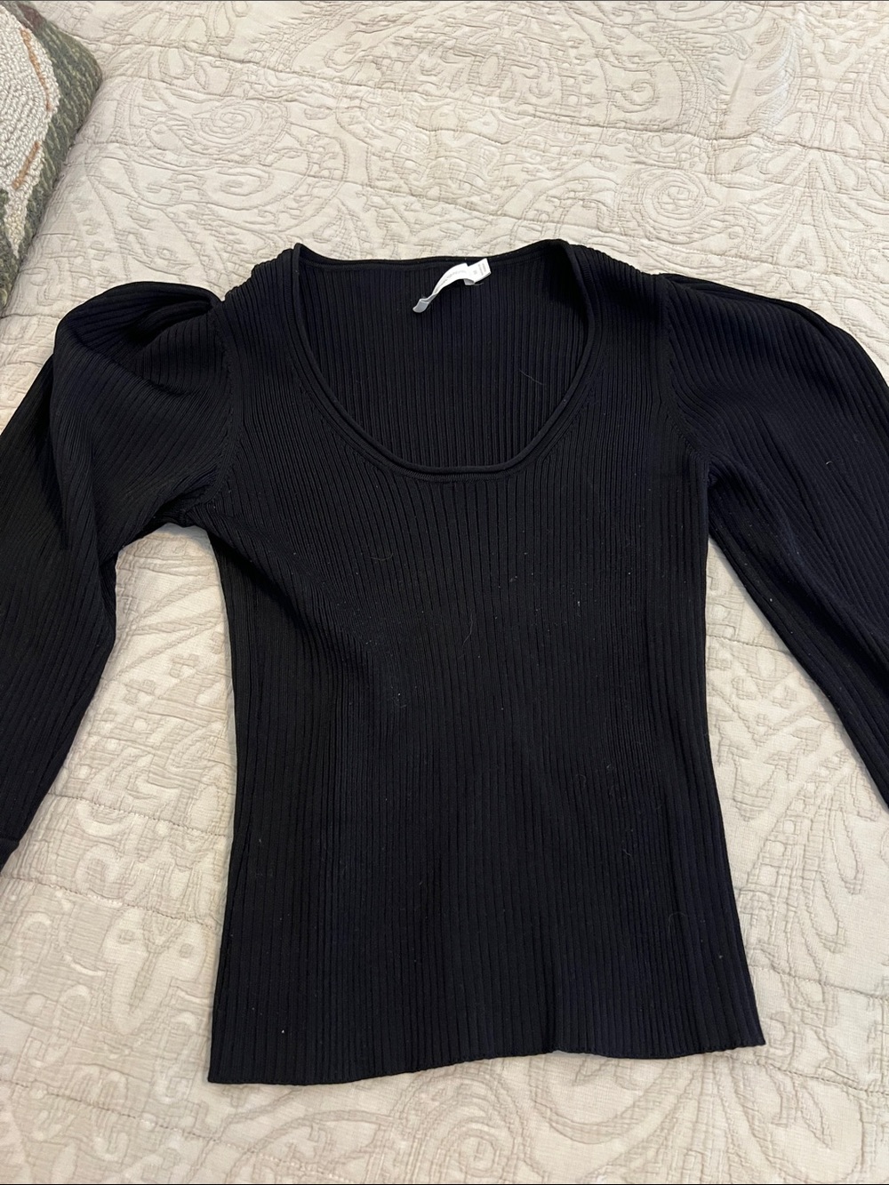Jonathan Simkhai Black Ribbed Scoop Neck Puff Sleeve Sweater